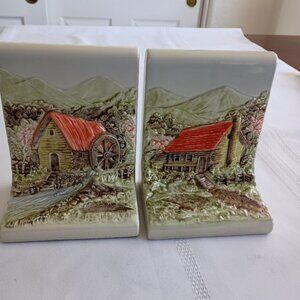 Vintage Ceramic Bookends, Watermill & Cottage Scenes with a Raised Relief Design